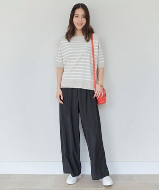 自由区 【接触冷感・UVカット・WEB限定カラーあり】クレープストレッチプルオーバー ニット ベージュ×オフボーダー