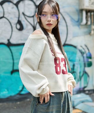 WEGO オープンショルダーナンバリングニット ホワイトアイボリー