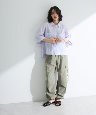 Green Parks 綿麻混５分袖ターンバックシャツ Lavender