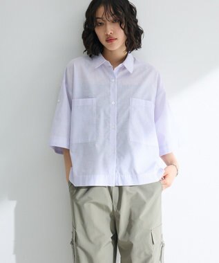 Green Parks 綿麻混５分袖ターンバックシャツ Lavender
