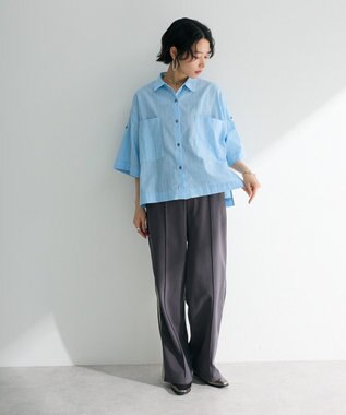 Green Parks 綿麻混５分袖ターンバックシャツ Sax