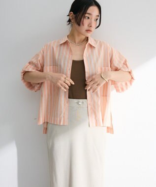 Green Parks 綿麻混５分袖ターンバックシャツ Orange