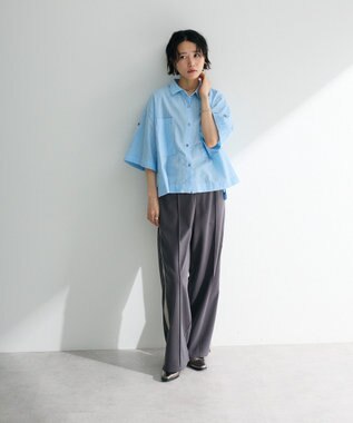 Green Parks 綿麻混５分袖ターンバックシャツ Sax