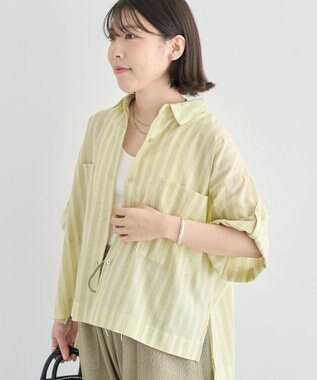 Green Parks 綿麻混５分袖ターンバックシャツ Green