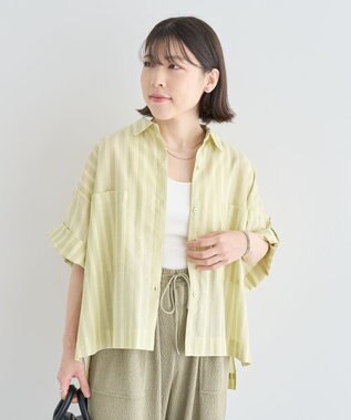 Green Parks 綿麻混５分袖ターンバックシャツ Green