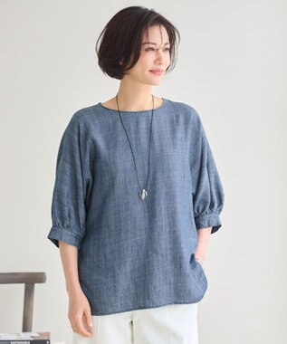 自由区 【洗える・XSサイズあり】テンセルリネンデニム  ブラウス ネイビー系