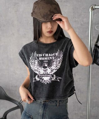 グラフィックノースリーブサイドドロストショートT