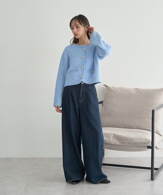 earth music&ecology 【WEB限定】ゴールド釦ショートニットカーディガン Blue