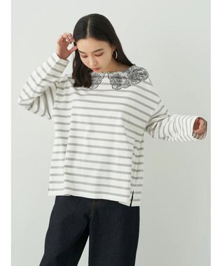 earth music&ecology レースプリントボーダープルオーバー Border Gray