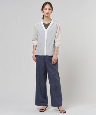 J.PRESS LADIES 【セット着用可】リネンバイオシャンブレー ワイド パンツ ネイビー系