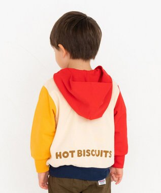 MIKI HOUSE HOT BISCUITS 【80-120cm】 マルチカラー配色切り替え ロゴパーカー 赤×紺