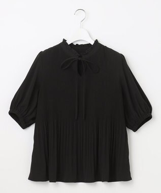 Feroux 【洗える】プリーツコンビ半袖 ブラウス ブラック系
