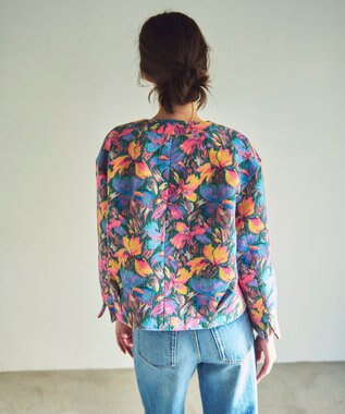 GRACE CONTINENTAL フラワージャガードノーカラージャケット ブルー