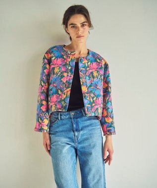 GRACE CONTINENTAL フラワージャガードノーカラージャケット ブルー