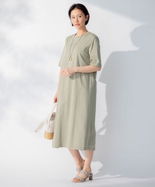 自由区 【洗える】リラックスジャージー クルーネックワンピース カーキ系