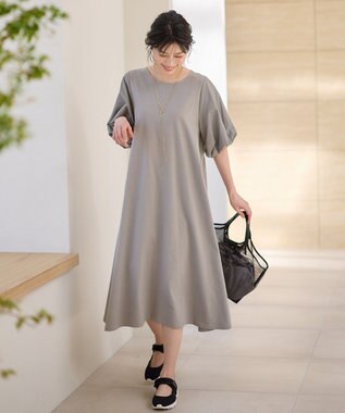 ANY 異素材コンビ ボリュームスリーブワンピース グレー