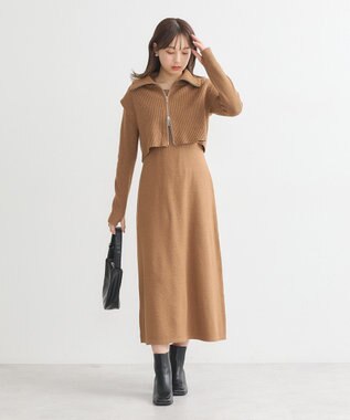 earth music&ecology ＳＥＴ２点ＺＩＰベスト＋ニットワンピース Camel