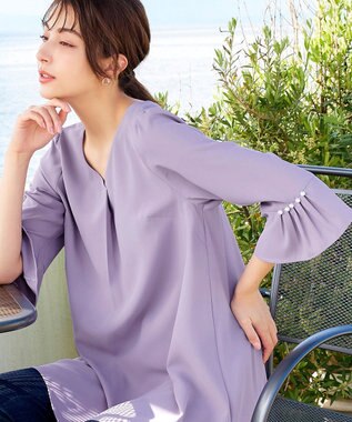 Tiaclasse 【洗える】タックフレアパール付き袖チュニックブラウス ラベンダー