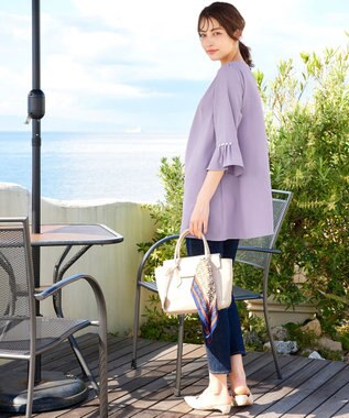 Tiaclasse 【洗える】タックフレアパール付き袖チュニックブラウス ラベンダー