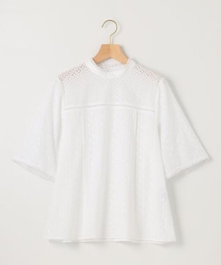 組曲 【WEB限定色あり】エンブロイダリーレース　ハイネック半袖ブラウス アイボリー系