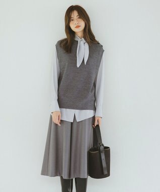 ICB 【洗える】CRySiタイプライター ボウタイ付きバンドカラーシャツ ライトグレー系柄