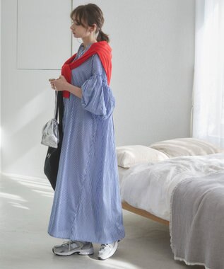 WEGO 【ANGIE VINTAGE】ボリュームスリーブ バンドカラー シャツワンピース ブルーストライプ