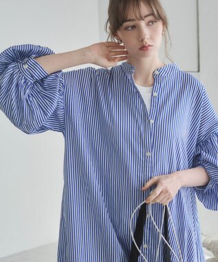 WEGO 【ANGIE VINTAGE】ボリュームスリーブ バンドカラー シャツワンピース ブルーストライプ