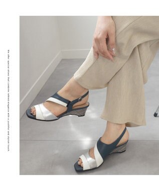 Pointer 日本製 本革ウエッジヒールサンダル ネイビー