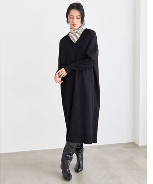 UNFILO 【洗える/抗菌防臭】マイビューティーニット Vネックワンピース ブラック