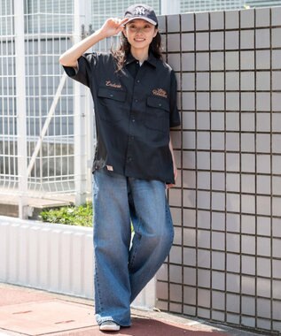 WEGO 【ユニセックス着用ITEM】刺繍ロゴツイルワークシャツ ブラック