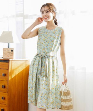 Tiaclasse 【洗える】大人華やかなノースリーブ花柄ワンピース ミント