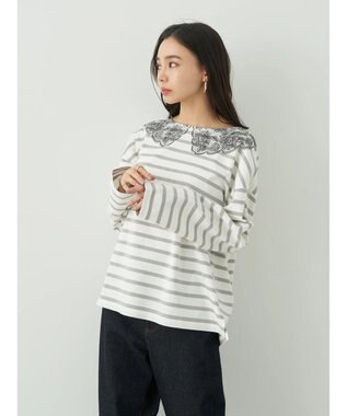 earth music&ecology レースプリントボーダープルオーバー Border Gray