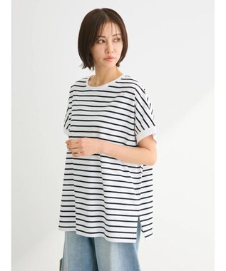 Green Parks インド綿 フレンチスリーブ前後差カットプルオーバー Border