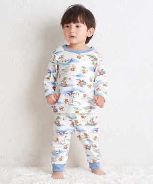 MIKI HOUSE HOT BISCUITS 【80-120cm】 リゾートビーンズ 腹巻き付き タック天竺素材 長袖パジャマ マルチカラー