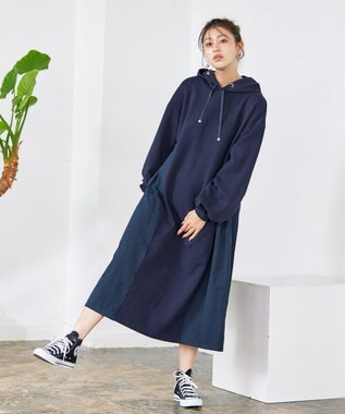 Tiaclasse 【洗える】ダンボール切替パーカーワンピース ネイビー