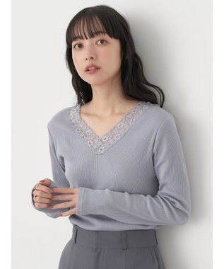 earth music&ecology レースＶネックテレコインナー Grayish Blue