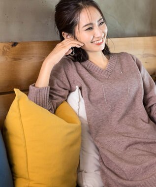 Tiaclasse L 【洗える】幅広く活躍が期待できるVネックリブニットチュニック ピンクモカ