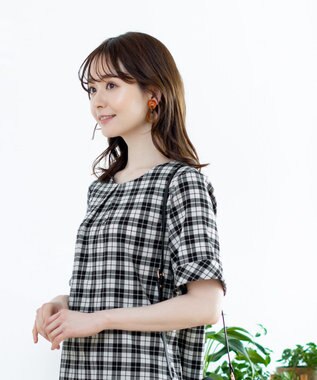 Tiaclasse L 【洗える】体型カバーも叶う幅広カフスチュニックブラウス ブラックチェック