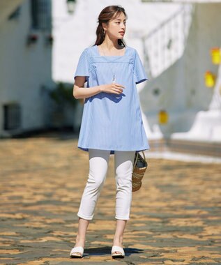 Tiaclasse 【洗える】ストライプフレアスリーブチュニックブラウス ブルー