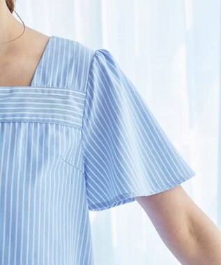 Tiaclasse 【洗える】ストライプフレアスリーブチュニックブラウス サックス