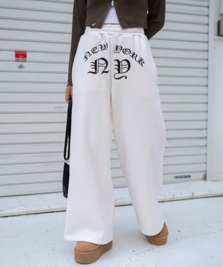 WEGO 【ウエストゴム】グラフィック刺繍裏起毛ワイドSWTパンツ ホワイトアイボリー