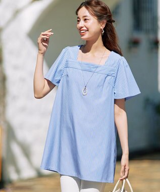 Tiaclasse 【洗える】ストライプフレアスリーブチュニックブラウス ブルー