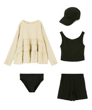 San-ai Resort（三愛水着楽園） 【WEB限定】5点セット キャップ付きUVカットタンキニ+ティアードラッシュセット水着【BeachQueen(ビーチクイーン）】 ベージュ