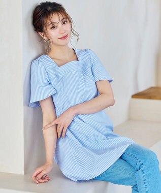 Tiaclasse 【洗える】ストライプフレアスリーブチュニックブラウス サックス