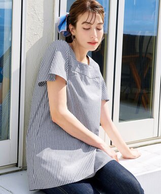 Tiaclasse 【洗える】ストライプフレアスリーブチュニックブラウス グレー