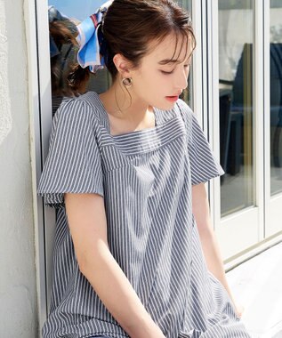 Tiaclasse L 【洗える】ストライプフレアスリーブチュニックブラウス グレー