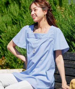 Tiaclasse 【洗える】ストライプフレアスリーブチュニックブラウス ブルー