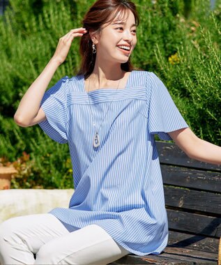 Tiaclasse 【洗える】ストライプフレアスリーブチュニックブラウス ブルー