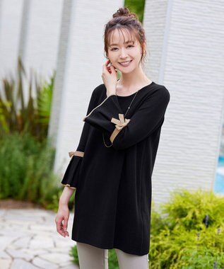 Tiaclasse L 【洗える】ミラノリブ編みのフレア袖ニットチュニック ブラックベージュ