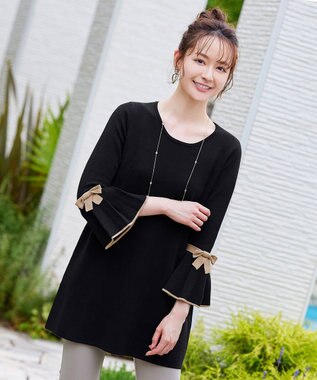 Tiaclasse L 【洗える】ミラノリブ編みのフレア袖ニットチュニック ブラックベージュ